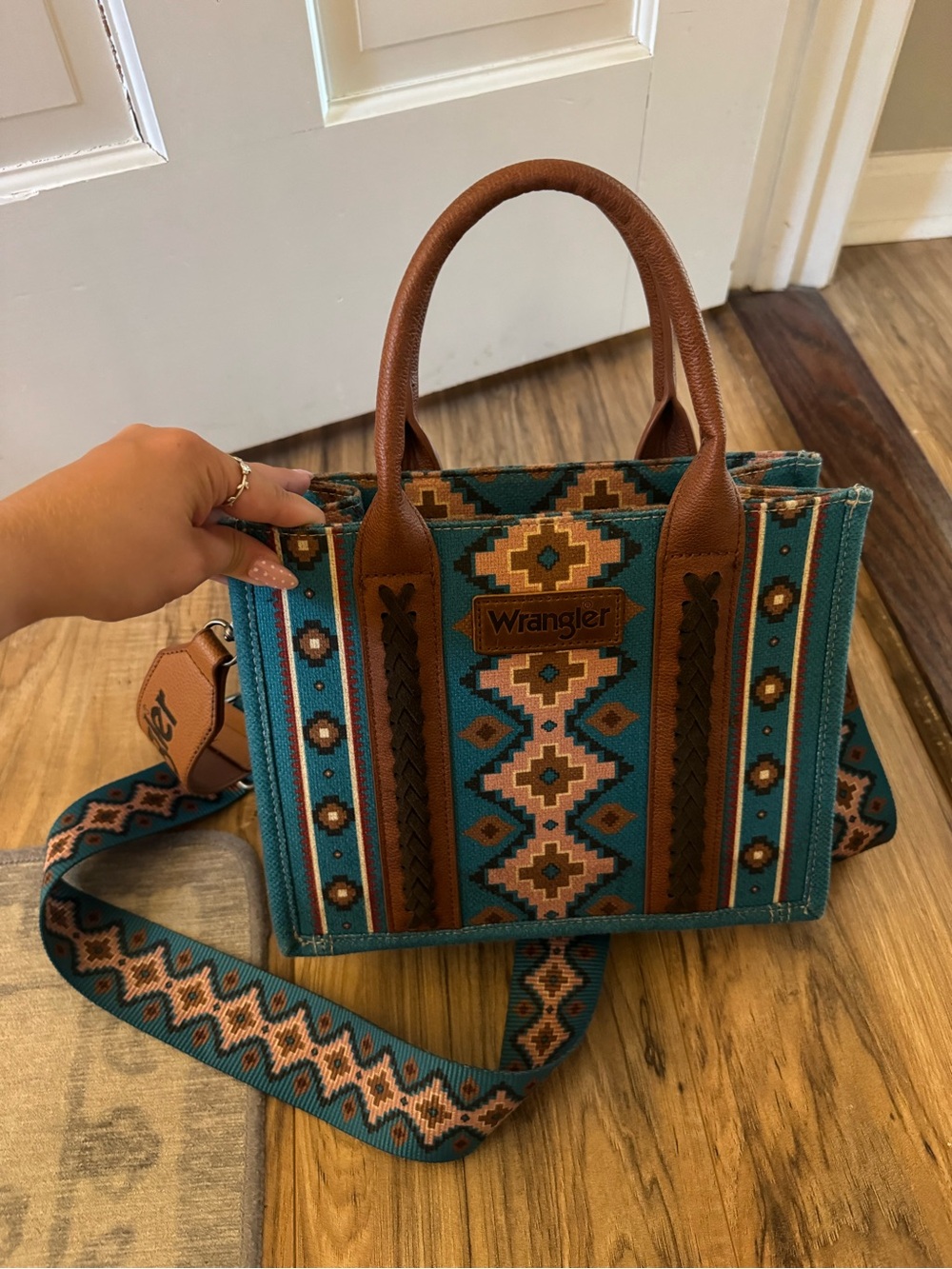 Wrangler Teal and Brown Southwestern Crossbody Tote